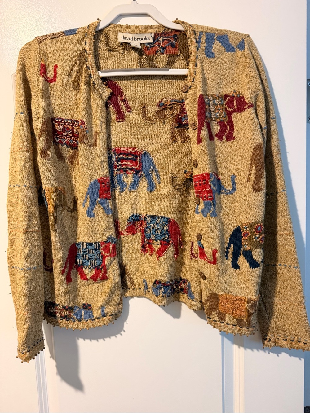 david brooks Beige Cardigan with Multicolor Elephant Motifs